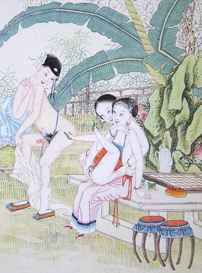 Trío entre Pareja y Concubina en Jardín – Era Qing