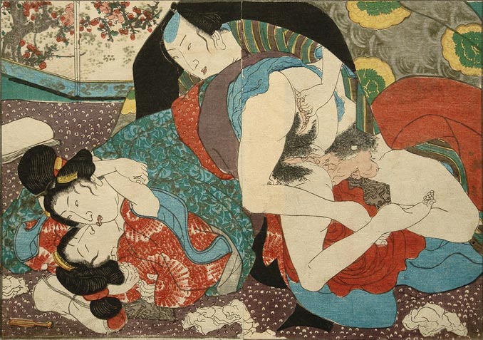 Shunga - Relación Lésbica o Bisexual entre Mujeres y Hombre - Utagawa Kunimaru