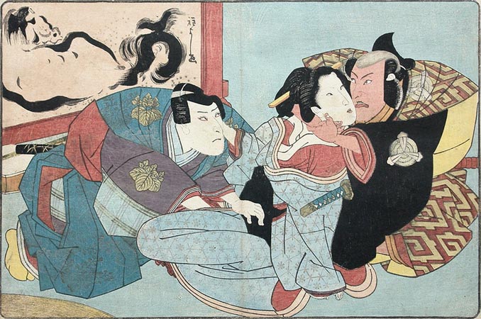Shunga - Trío Samuráis y Cortesana - Utagawa Kuniyoshi