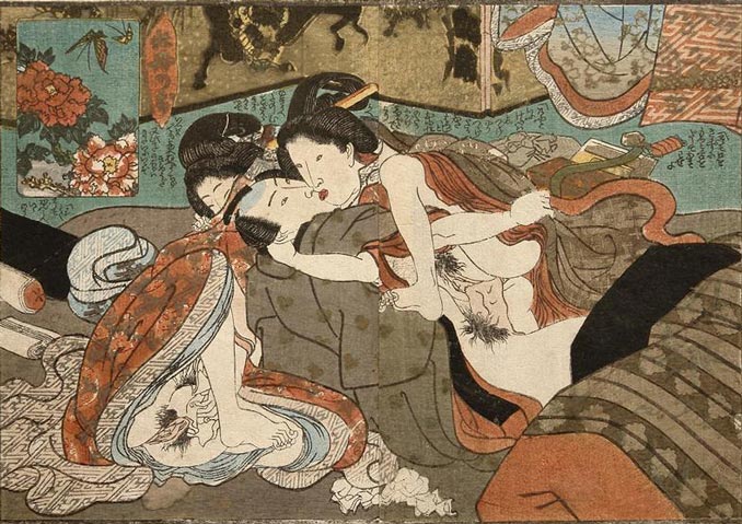 Shunga - Abrazo Sexual entre Dos Mujeres y Hombre - Keisai Eisen